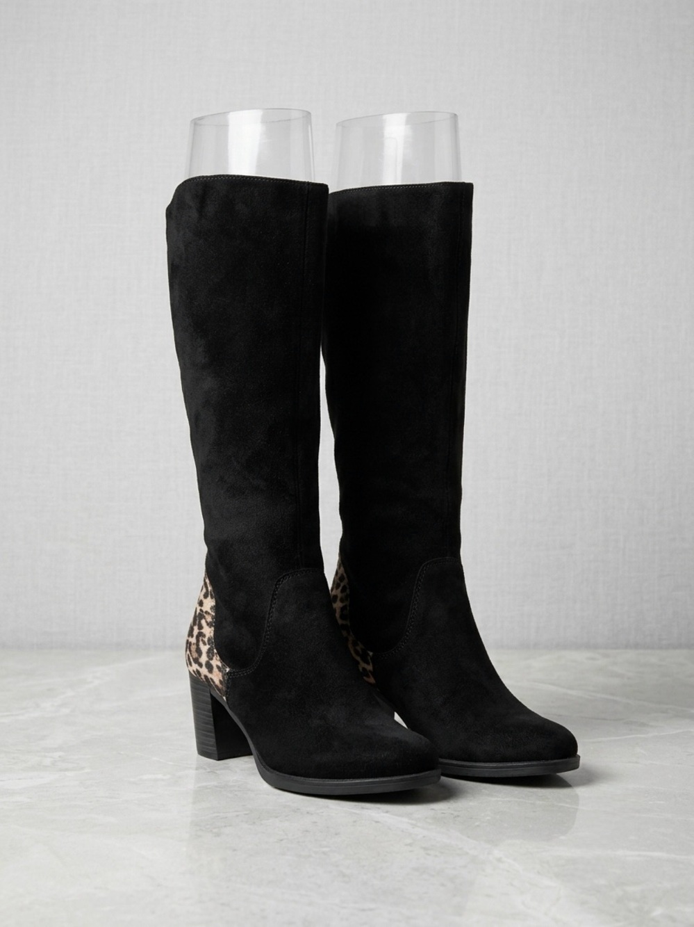 Rieker Black Suede Boots with Leopard Heel Accent